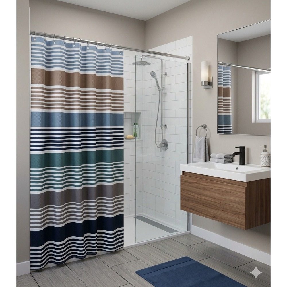 Living Colors Striped Waffle Weave Shower Curtain Navy Tan Teal Grey Polyester
